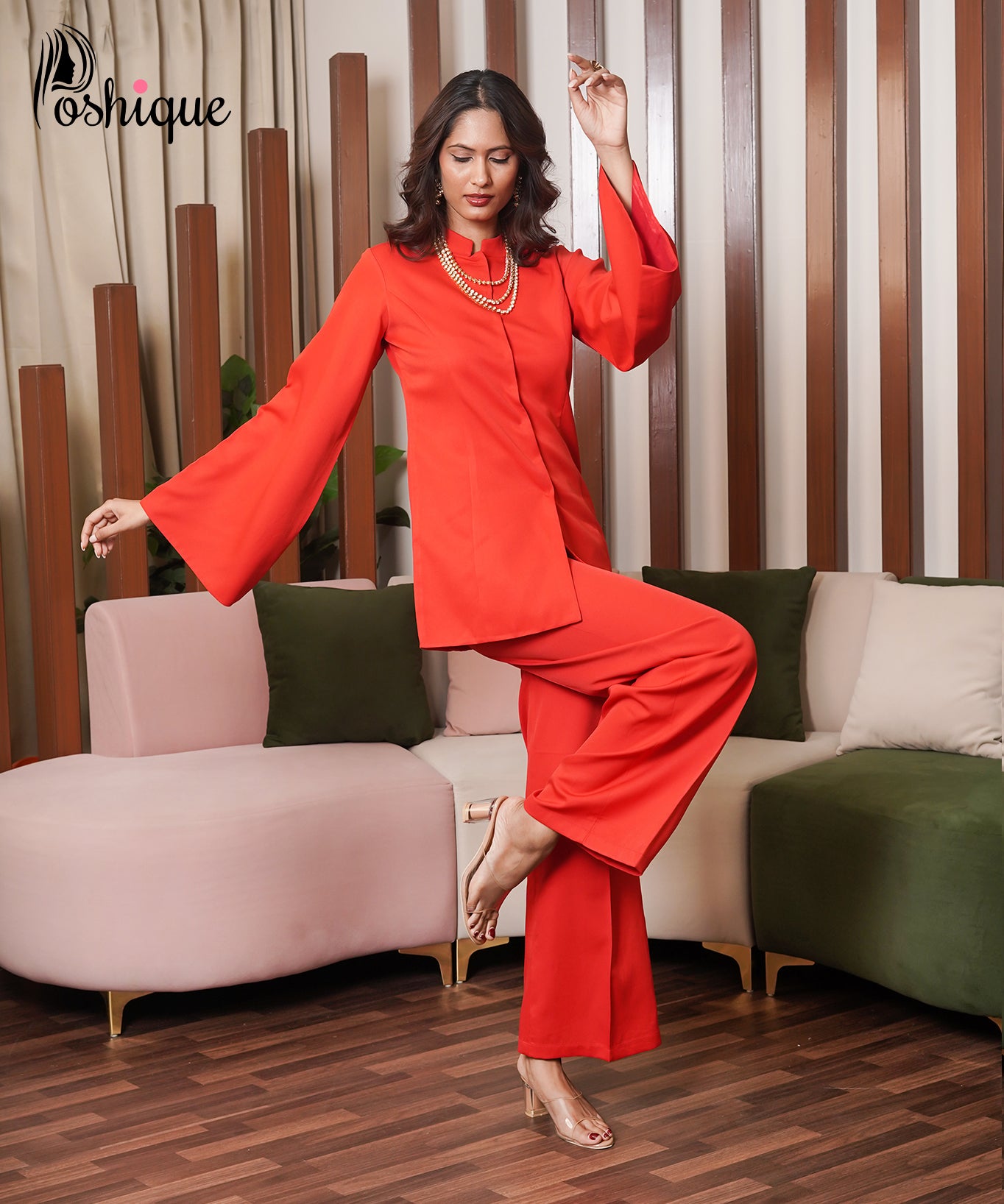 Red Flared Sleeve Blazer & Trousers Set